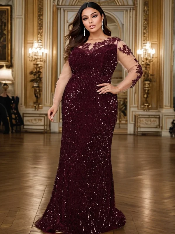 Elegant O Neck Floor Length Evening Prom Gown Dresses Sequin Bodycon Mermaid Long Sleeves Party Modest Women Dress - Image 3