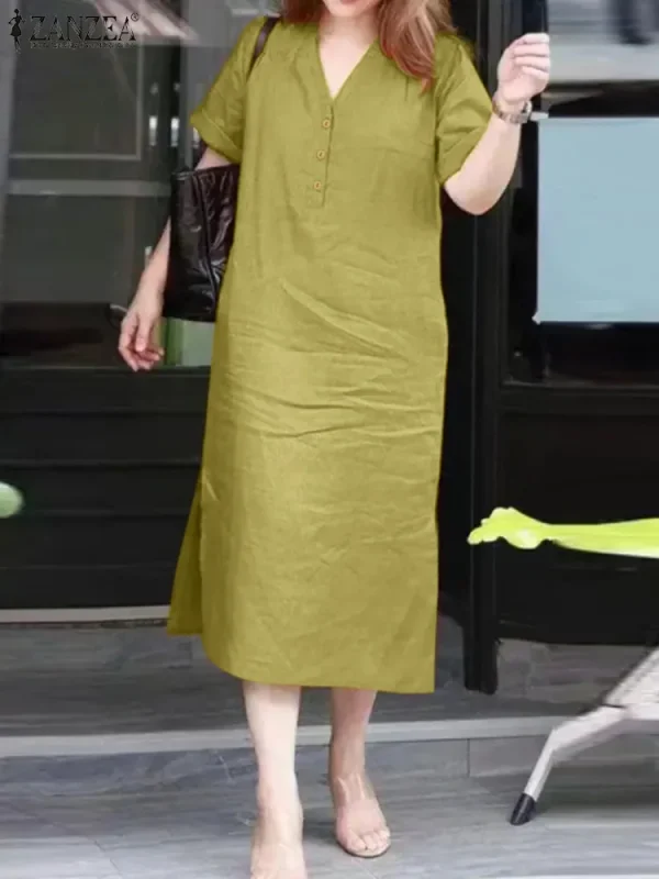 ZANZEA Korean Fashion Buttons Vestidos 2024 Summer Midi Dresses Retro V-neck Casual Loose Chic Robes Women Solid Commuting Dress