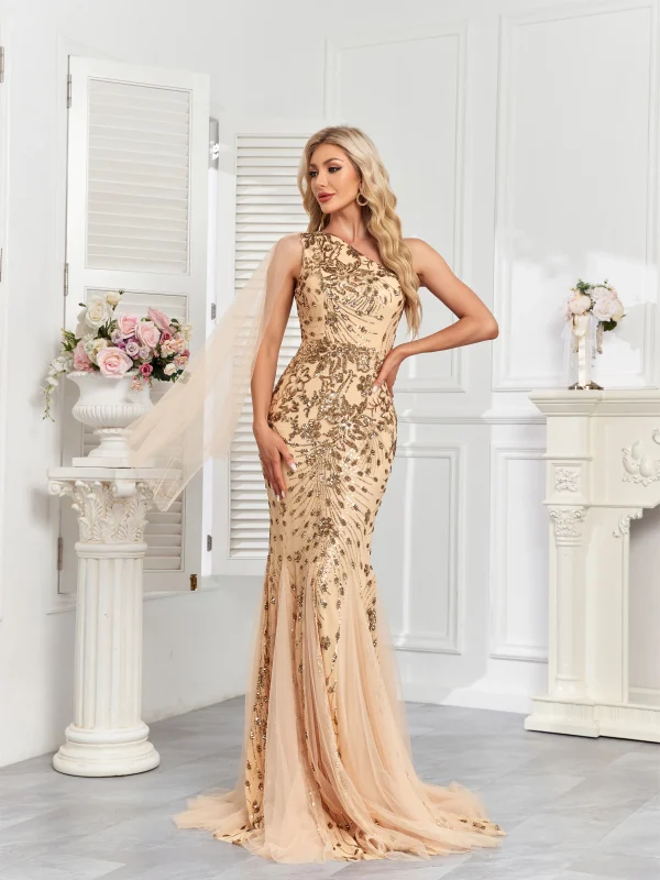 XUIBOL Elegant One-Shoulder Chiffon Tank Dress, Luxurious Sequin Party Evening Gown - Image 5