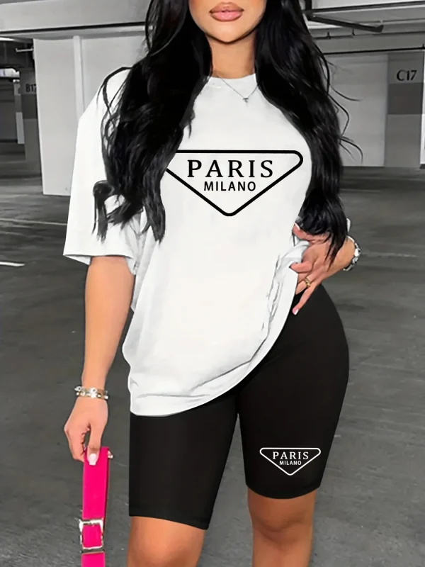 Women's summer casual loose fit large size PARIS print round neck short sleeved T-shirt+shorts two-piece set - Image 2