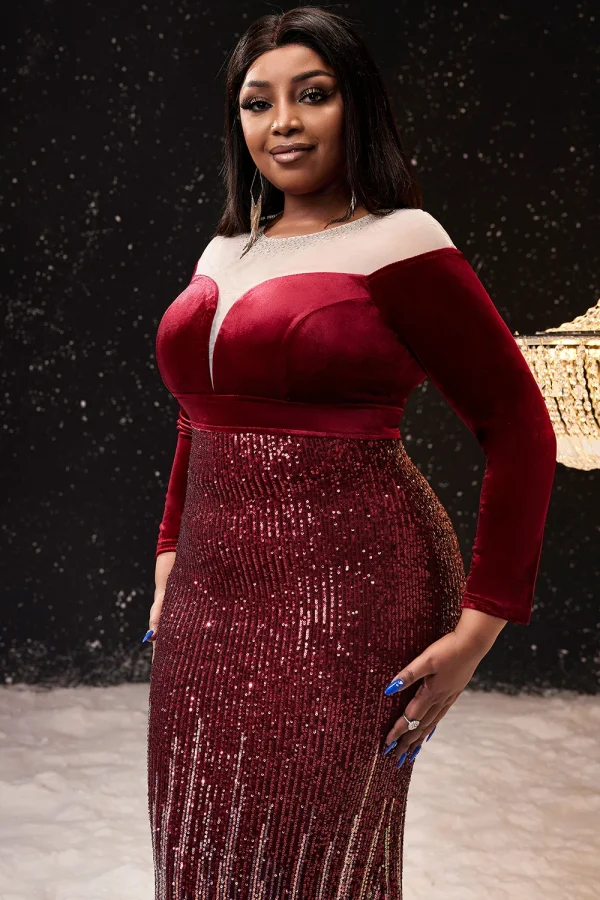 Elegant Plus Size Prom Evening Dress Burgundy Off Shoulder Sequin Long Mermaid Maxi Dress Bodycon Wedding Guest Party Dress - Image 5