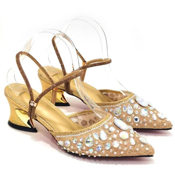 Fashion Gold Color Slippers Nigerian Party Italian Design Ladies Shoes and Bag Set Decorated With Rhinestone and Metal - Image 4