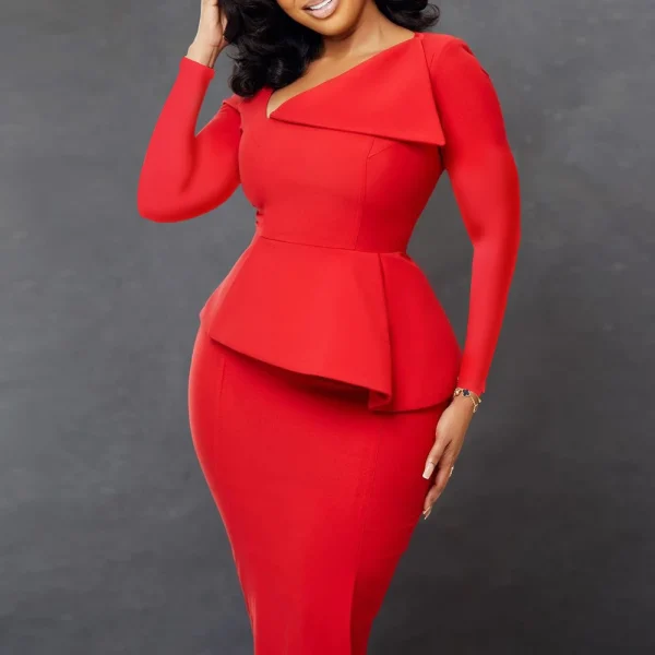 Women Elegant Occasion Dresses for Church Long Sleeve Slant Neck European Knee Length Work Office Ladies Career Dresses - Image 3