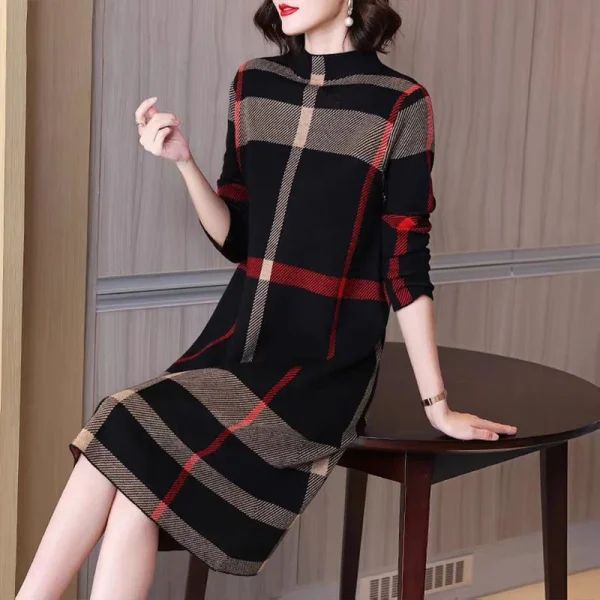 Winter Women's Wool Knitted Dress Striped Half High Collar Vintage Fashion Thick Sweater Style Female Clothing - Image 4