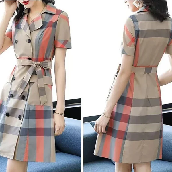 Elegant Lapel Button Pockets Bandage Bow Plaid Shirt Dress Women's Clothing 2024 Summer New Loose Office Lady Short Sleeve Dress - Image 3