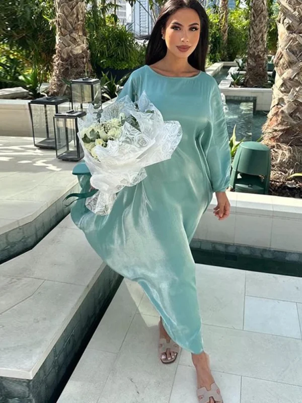 Satin Covering Robe Longue Female Flare Sleeve O Neck Smooth Satin Party Evening Long Dresses for Women Elegant Luxury Spring - Image 4