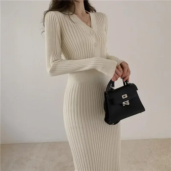 Autumn Winter Knitting Sweater Dress Women 2024 New Fashion Loose The Waist Button Pure Colour V-Neck Dresss Female - Image 2
