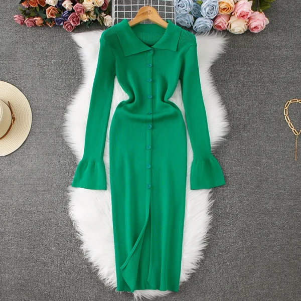 YuooMuoo Elegant Flare Sleeve Notched Long Dress Autumn Fashion Single-breasted Split Knitted Sweater Dress Office Lady Vestidos