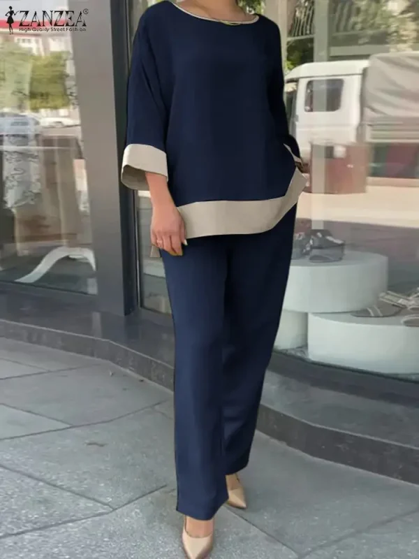 ZANZEA 2024 2PCS Summer Fashion Women Casual Loose Pants Sets Solid Outfits Oversized Lady Holiday Solid Patchwork Tracksuits - Image 3