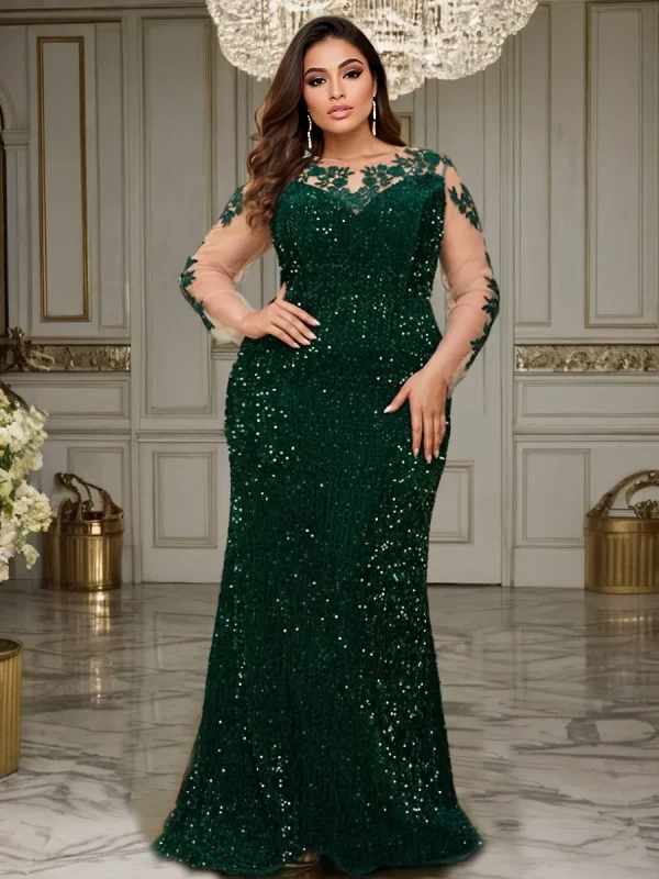 Elegant O Neck Floor Length Evening Prom Gown Dresses Sequin Bodycon Mermaid Long Sleeves Party Modest Women Dress
