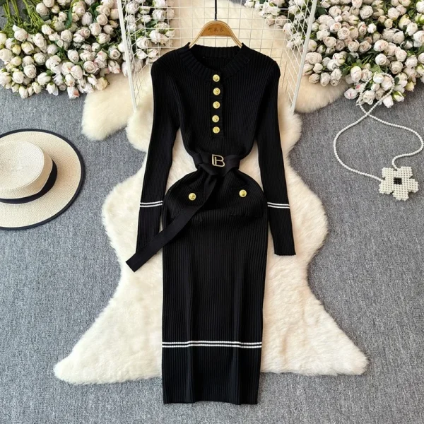 YuooMuoo Chic Fashion Autumn Winter Long Sleeve Knitted Bodycon Dress Women Elegant Sash Bandage Long Sweater Dress Vestidos - Image 3