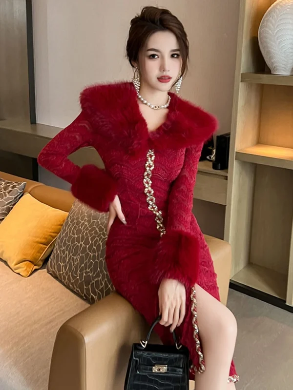 Noble Luxury Formal Prom Dress Women Elegant Red Lace Fur Collar Slit Bodycon Robe Wedding Birthday Party Vestidos Banquet Gown - Image 6