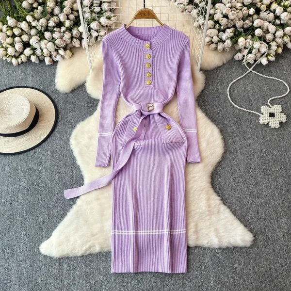 YuooMuoo Chic Fashion Autumn Winter Long Sleeve Knitted Bodycon Dress Women Elegant Sash Bandage Long Sweater Dress Vestidos - Image 5