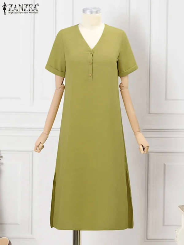 ZANZEA Korean Fashion Buttons Vestidos 2024 Summer Midi Dresses Retro V-neck Casual Loose Chic Robes Women Solid Commuting Dress - Image 4