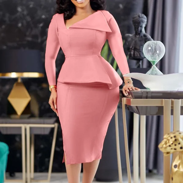 Women Elegant Occasion Dresses for Church Long Sleeve Slant Neck European Knee Length Work Office Ladies Career Dresses