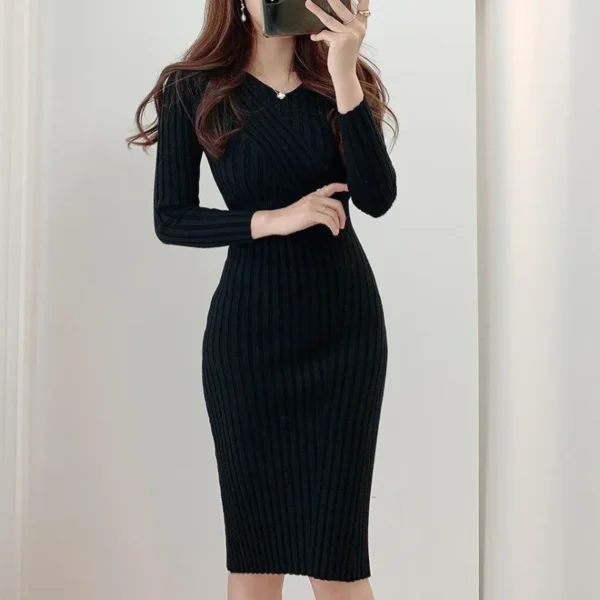 Vintage Long Sleeve Knitted Dresses for Women Party Robe Female Autumn 2021 Retro V-neck Bodycon Dress Korean Slim Waist Vestido - Image 3