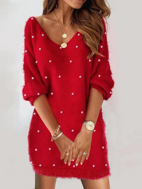 Fashion Women Daily Wear Party Plain V-neck Pearls Mini Dress Pre-Fall Spring Pearls Decor V-Neck Half Sleeve Casual Dress