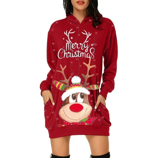 Festival Fashion Clothing Dress Christmas Elk Printing Long Sleeve Hooded Hoodies Dresses Elegant Casual Party Dress Female - Image 2