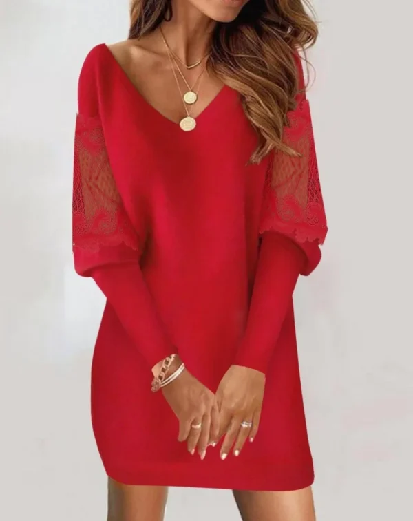 Women's autumn new V-neck long sleeved printed lace patchwork dress with versatile temperament for women commuting - Image 4