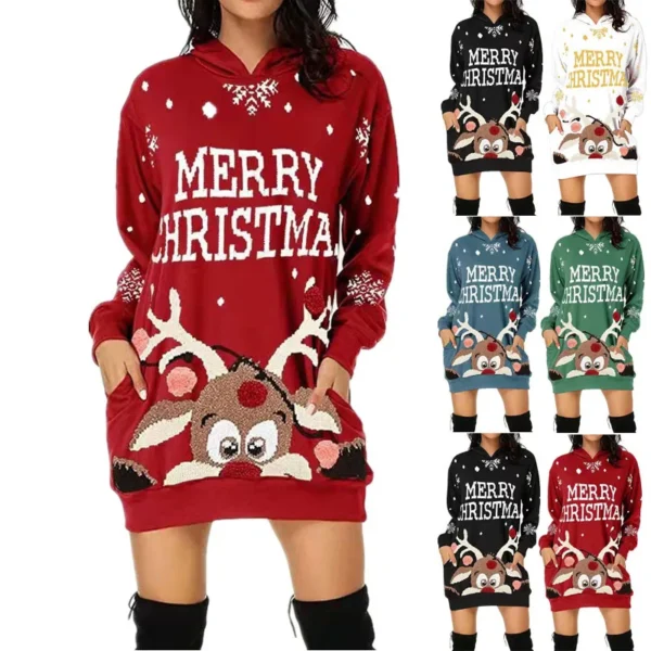 Festival Fashion Clothing Dress Christmas Elk Printing Long Sleeve Hooded Hoodies Dresses Elegant Casual Party Dress Female - Image 6