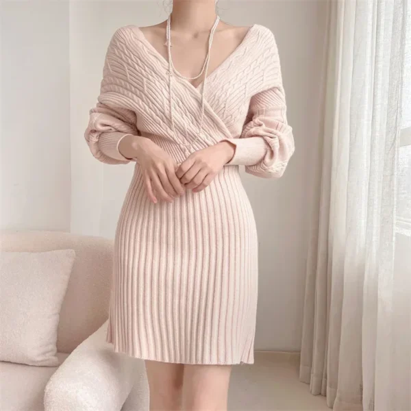 Women V-neck Knit Sweater Cross Dress Crochet Spring Spring Autumn Winter Sexy Green Dresses Y2k Streetwear Jumper Vestidos - Image 2