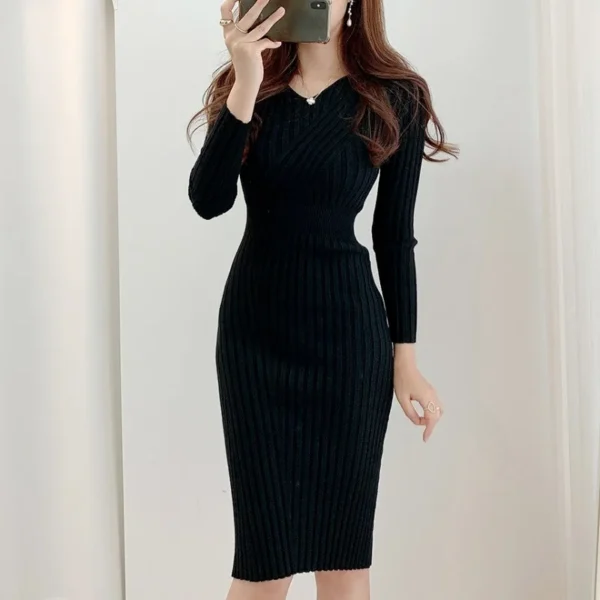 Vintage Long Sleeve Knitted Dresses for Women Party Robe Female Autumn 2021 Retro V-neck Bodycon Dress Korean Slim Waist Vestido - Image 5