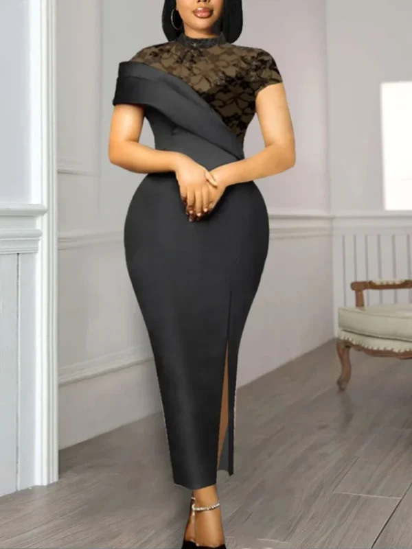 Black Long Prom Dresses High Neck Lace Patchwork Bodycon Women Evening Cocktail Club Party African Gowns Sexy Slit Outfits 2023 - Image 2
