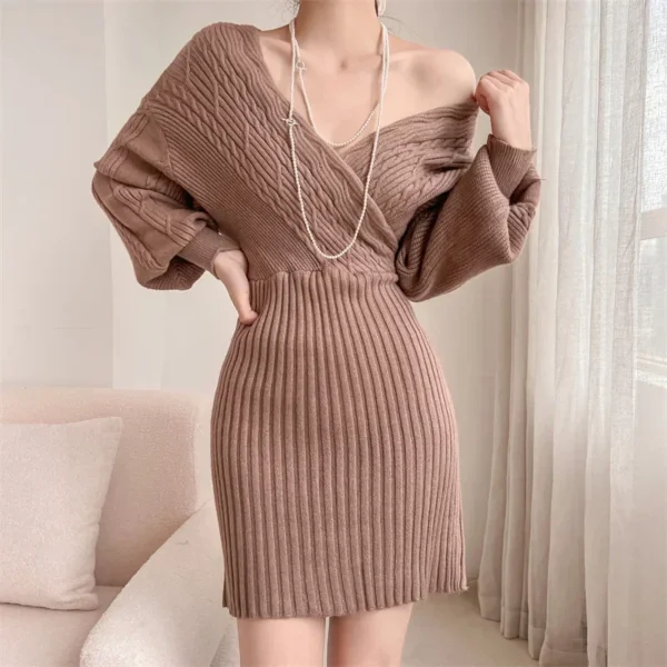 Women V-neck Knit Sweater Cross Dress Crochet Spring Spring Autumn Winter Sexy Green Dresses Y2k Streetwear Jumper Vestidos - Image 3