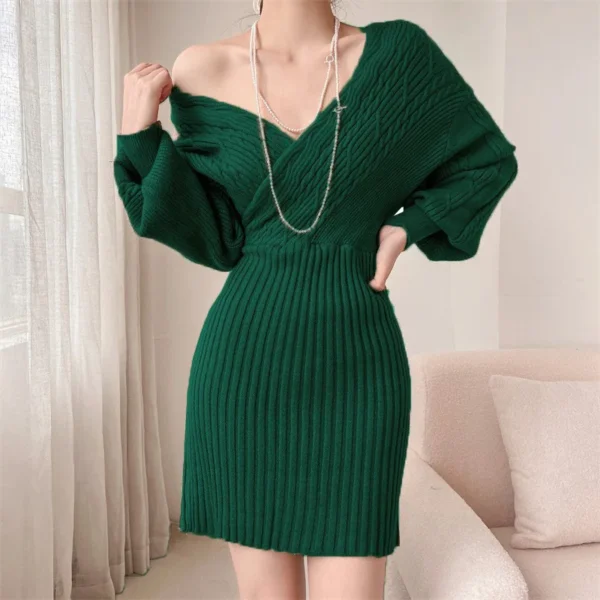 Women V-neck Knit Sweater Cross Dress Crochet Spring Spring Autumn Winter Sexy Green Dresses Y2k Streetwear Jumper Vestidos