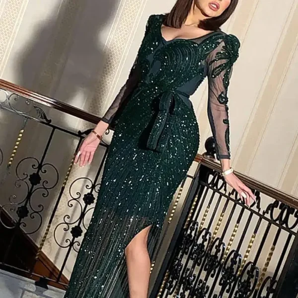 2022 New Fashion V-neck Sparkling Hot Printed Green Long Sleeve Evening Dress Evening Dress for Women Vestidos - Image 5