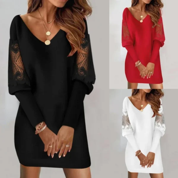 Women's autumn new V-neck long sleeved printed lace patchwork dress with versatile temperament for women commuting - Image 5