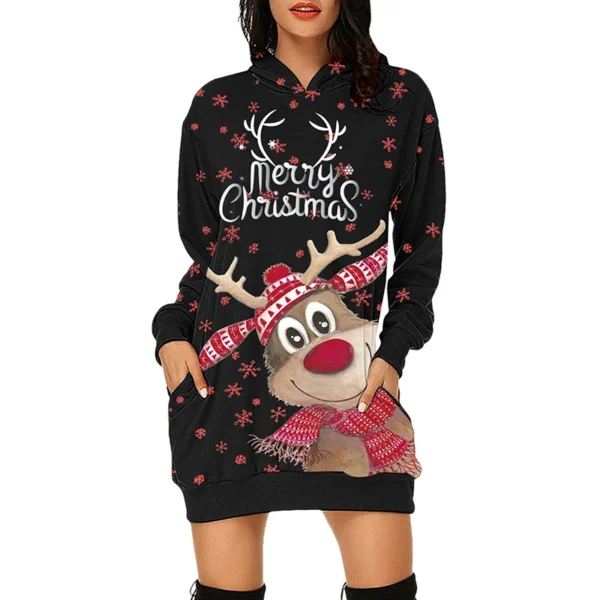 Festival Fashion Clothing Dress Christmas Elk Printing Long Sleeve Hooded Hoodies Dresses Elegant Casual Party Dress Female - Image 3