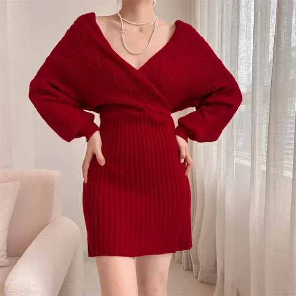 Women V-neck Knit Sweater Cross Dress Crochet Spring Spring Autumn Winter Sexy Green Dresses Y2k Streetwear Jumper Vestidos - Image 5