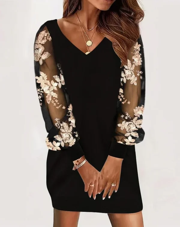 Women's autumn new V-neck long sleeved printed lace patchwork dress with versatile temperament for women commuting - Image 2