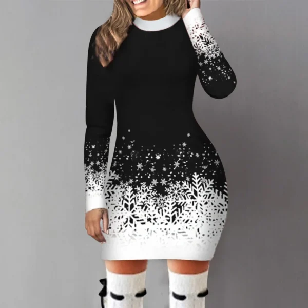Christmas Snowflake Printed Dress Women Clothing Long-sleeved Round Neck Xmas Party Bodycon Dress Elegant Casual Mini Dresses - Image 3