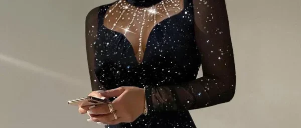 Women Mesh Splicing Rheinstone Dress Women Long Sleeve Sexy Slim Dress Black - Image 4
