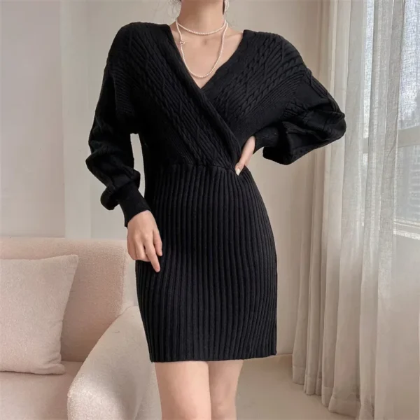 Women V-neck Knit Sweater Cross Dress Crochet Spring Spring Autumn Winter Sexy Green Dresses Y2k Streetwear Jumper Vestidos - Image 4